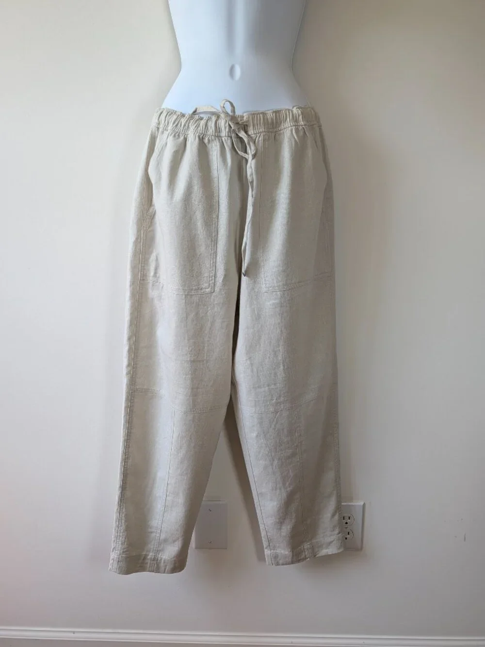Zara Women's Tapered Linen Blend Pull On Pants Size L Sand Drawstring NWT